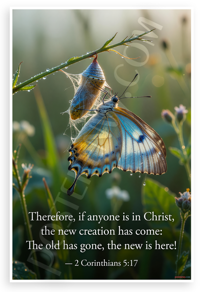 2 Corinthians 5:17 'New Creation Has Come' Butterfly Emerging Inspirational 12x18 US Made Poster