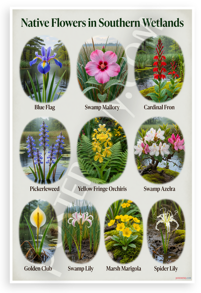 Native Flowers in Southern Wetlands Educational 12x18 US Made Poster