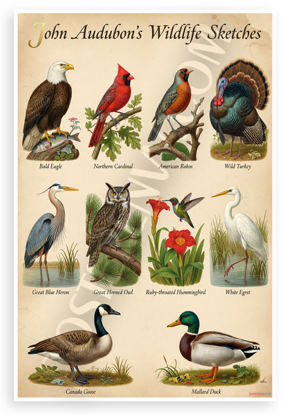 John Audubon's Wildlife Sketches Bald Eagle Cardinal Turkey Heron Owl Hummingbird 12x18 US Made Poster