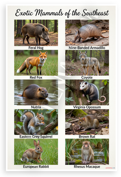 Exotic Mammals of the Southeast Feral Hog Armadillo Educational 12x18 US Made Poster