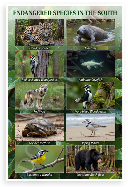 Endangered Species in the South Educational Wildlife 12x18 US Made Poster