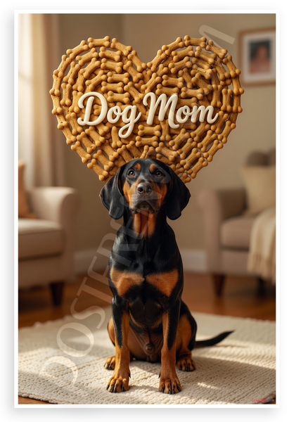 Dog Mom Black and Tan Coonhound Dog Bone Heart Wall Art 12x18 US Made Poster