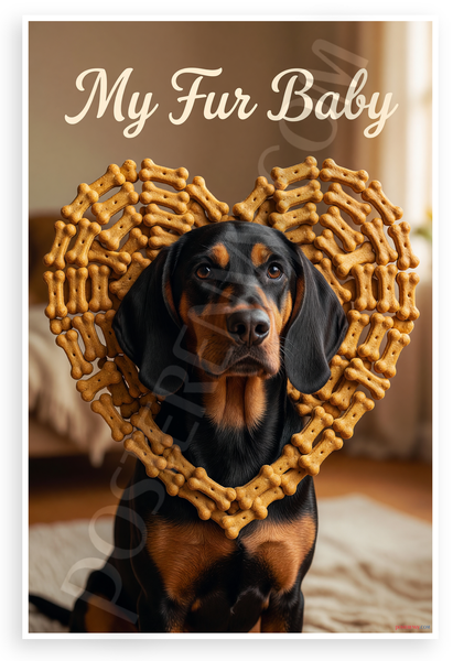 My Fur Baby Black and Tan Coonhound Dog Bone Heart 12x18 US Made Poster