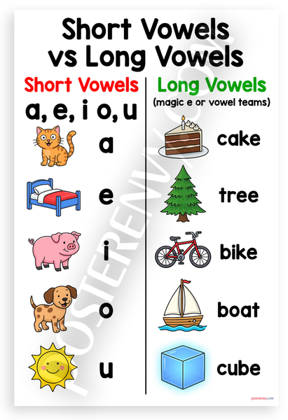 Short Vowels vs Long Vowels Educational Chart 12x18 US Made Poster