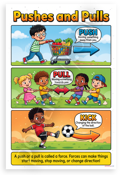 Pushes and Pulls Forces Science Educational 12x18 US Made Poster
