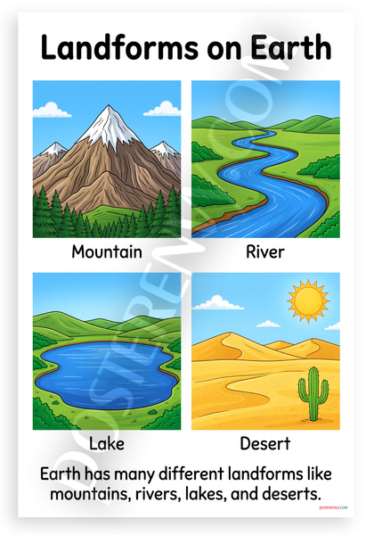Landforms on Earth Mountains Rivers Lakes Deserts Educational 12x18 US Made Poster