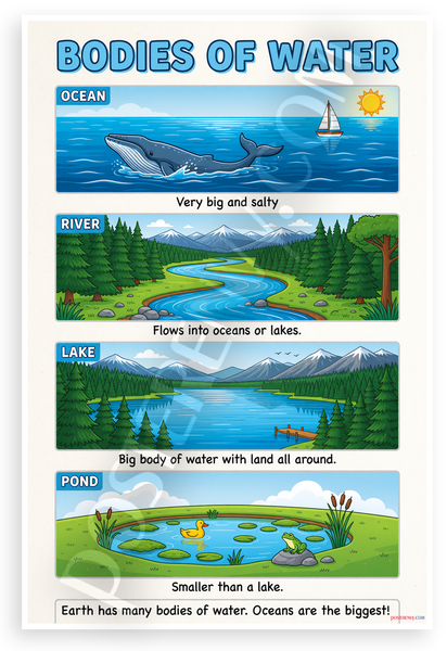 Bodies of Water Ocean River Lake Pond Educational 12x18 US Made Poster