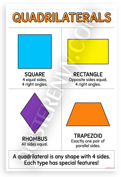 Quadrilaterals Square Rectangle Rhombus Trapezoid Educational 12x18 US Made Poster