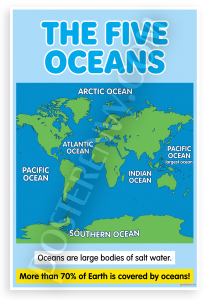The Five Oceans World Map Educational 12x18 US Made Poster