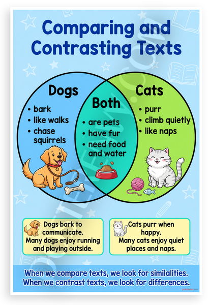 Comparing and Contrasting Texts Dogs Cats Venn Diagram Educational 12x18 US Made Poster