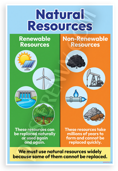 Natural Resources Renewable Non-Renewable Educational 12x18 US Made Poster