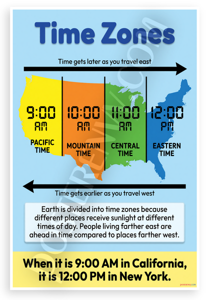 US Time Zones Map Pacific Mountain Central Eastern Educational 12x18 US Made Poster