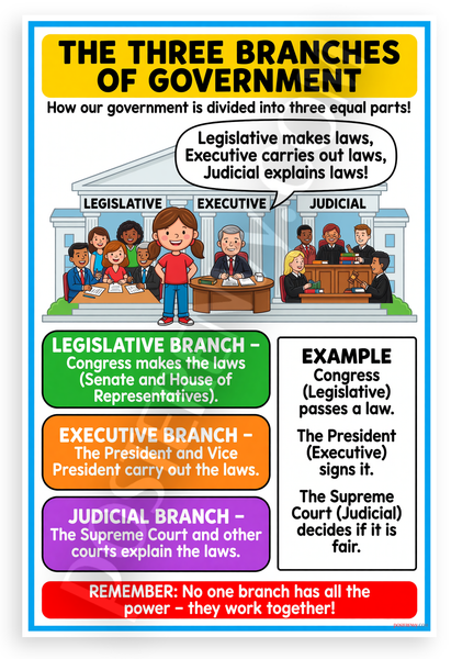 Three Branches of Government Educational 12x18 US Made Poster