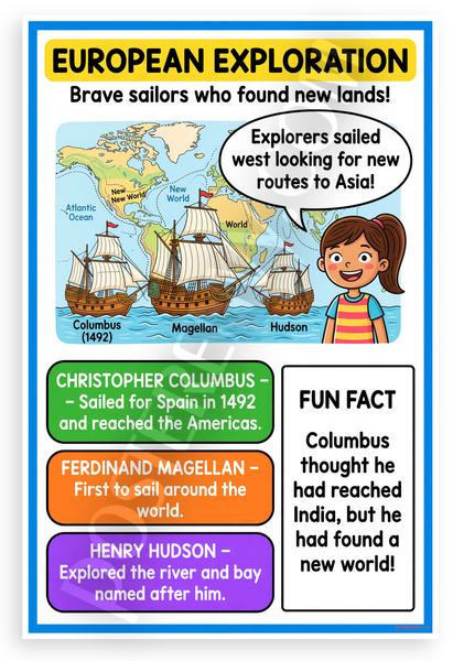 European Exploration Christopher Columbus Magellan Hudson Educational 12x18 US Made Poster