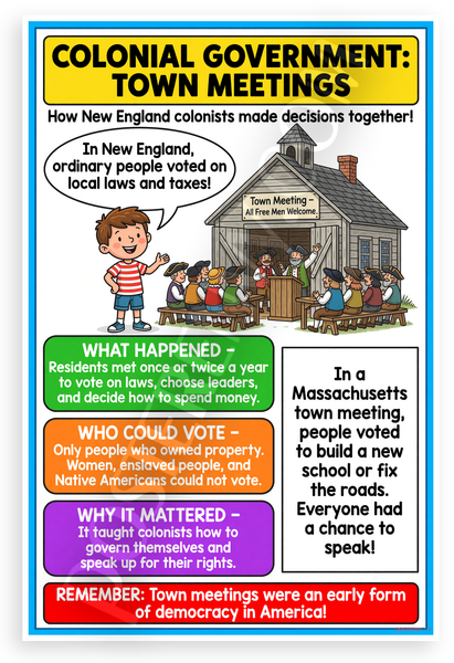 Colonial Government Town Meetings Educational 12x18 US Made Poster