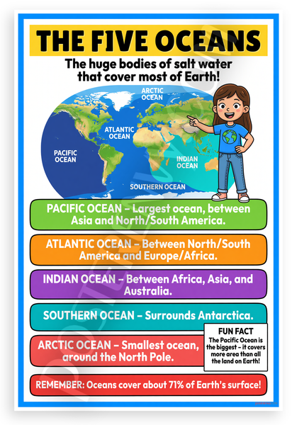 The Five Oceans Educational Geography 12x18 US Made Poster