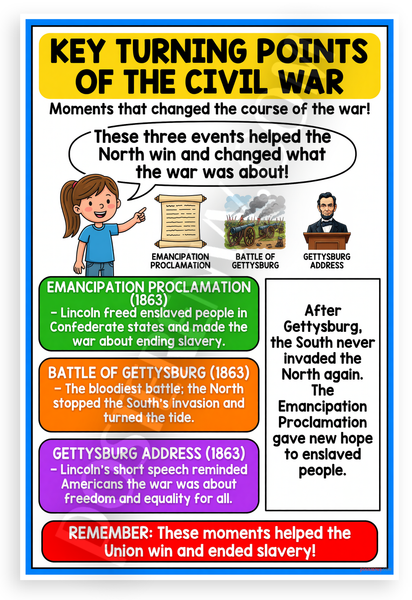 Key Turning Points of the Civil War Emancipation Proclamation Gettysburg Battle Address Educational 12x18 US Made Poster