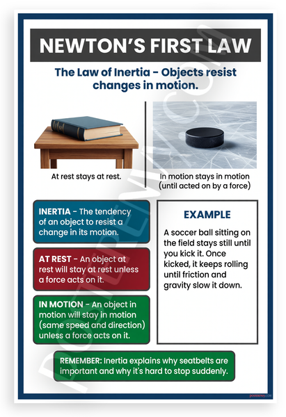 Newton's First Law Inertia Educational Physics 12x18 US Made Poster