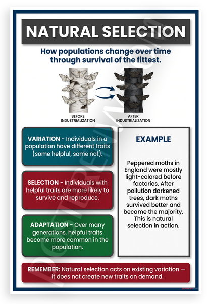 Natural Selection Peppered Moths Educational Infographic 12x18 US Made Poster