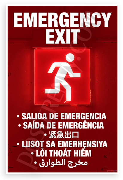 Emergency Exit Running Figure Multilingual Safety Sign 12x18 US Made Poster
