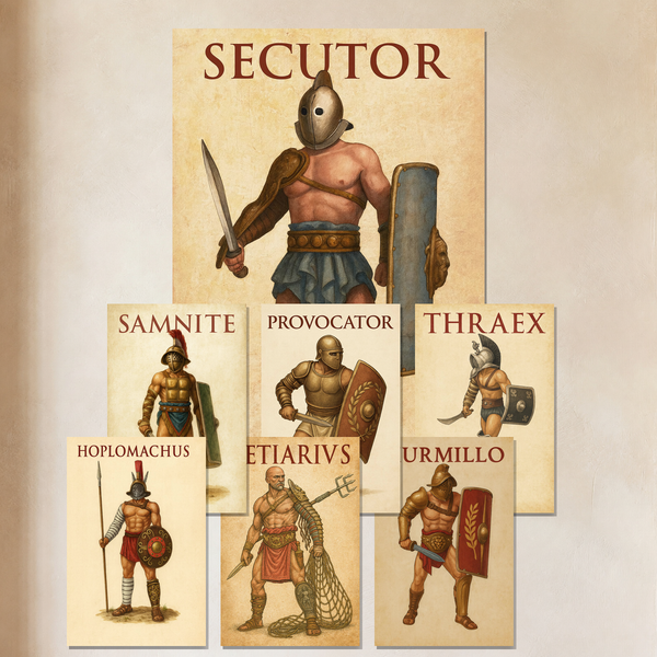 Roman Gladiator Types Secutor Thraex Murmillo Provocator Retiarius Samnite Hoplomachus Poster Set — 7 Prints 12x18 Inch US Made