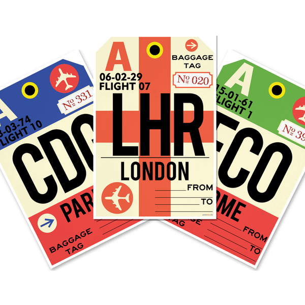 Vintage Baggage Tags CDG Paris, FCO Rome, LHR London Poster Set — 3 Prints 12x18 Inch US Made