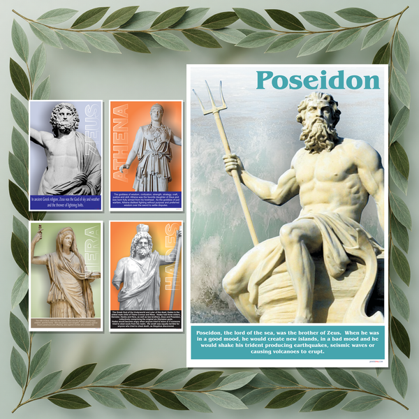 Greek Mythology Gods: Zeus, Hera, Hades, Athena, Poseidon, Poster Set — 5 Prints 12x18 Inch US Made