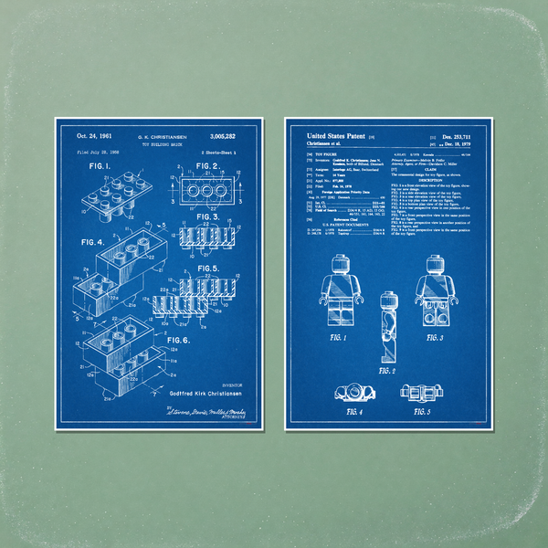 Lego Patent Blueprint Poster Set — 2 Prints 12x18 Inch US Made