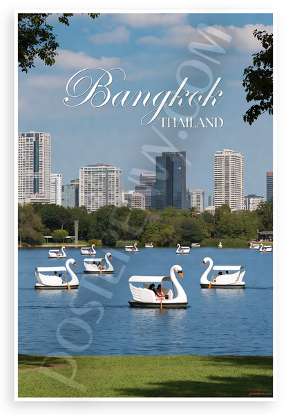 Bangkok Thailand Swan Boat Lake Cityscape Travel 12x18 US Made Poster