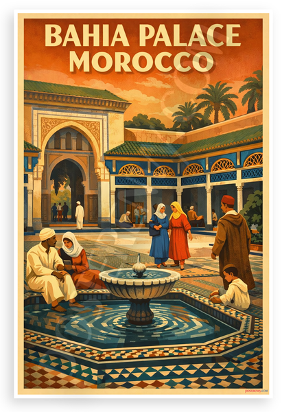 Bahia Palace Morocco Travel Vintage Style 12"x18" US Made Poster