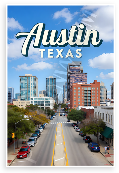 Austin Texas Cityscape Skyline Urban Street View 12"x18" US Made Poster
