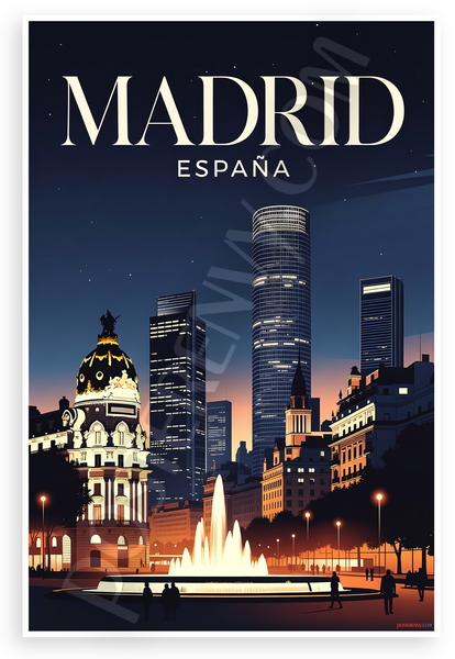 Madrid España City Skyline Nightscape 12"x18" US Made Poster