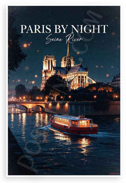 Paris by Night Seine River Notre Dame Cathedral Night Scene 12"x18" US Made Poster