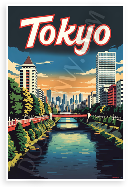 Tokyo Cityscape Sunset River Bridge Travel 12"x18" US Made Poster
