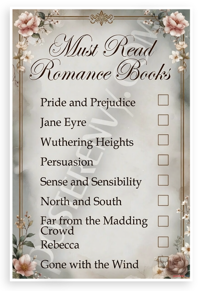 Must Read Romance Books Checklist Literary Wall Art 12"x18" US Made Poster