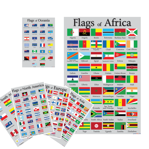 World Flags by Continent Educational Poster Set — Africa, Oceania, South America, Asia, Europe, North America — 6 Prints 12x18 Inch US Made