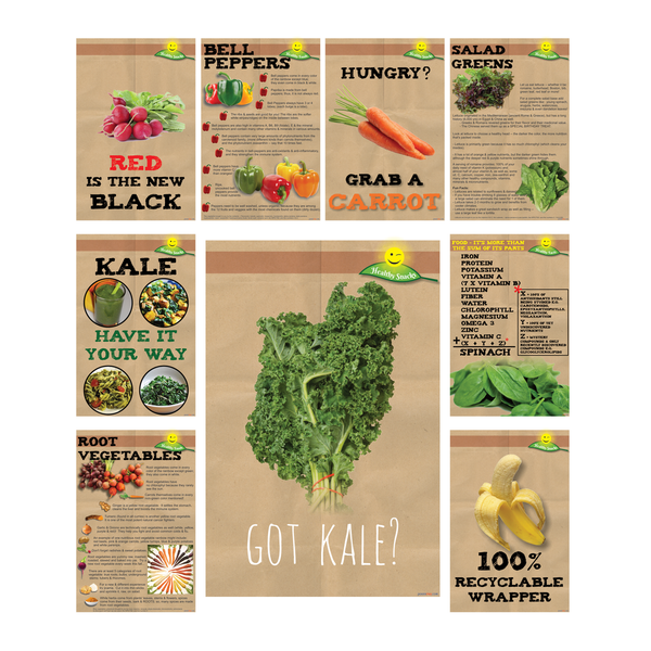 Healthy Foods Nutrition Poster Set — Bell Peppers, Kale, Salad Greens, Spinach, Root Vegetables, Radishes, Carrot, Banana, Kale 9 Prints 12x18 Inch US Made