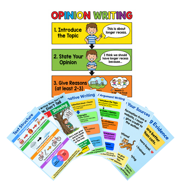 Common Core Writing 7 Posters Set — Opinion, Evidence, Citing Sources, Narrative, Informative, Text Structure -- 7 Prints 12x18 Inch US Made