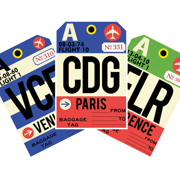 Vintage Airport Baggage Tag Travel 3 Poster Set — Venice, Paris & Florence Italy -- 3 Prints 12x18 Inch US Made