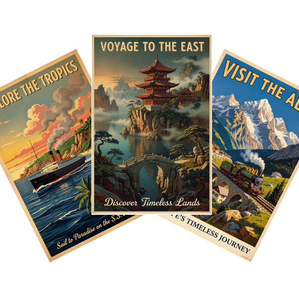 Vintage Travel 3 Poster Set — Explore the Tropics, Visit the Alps, Voyage to the East — 3 Prints 12x18 Inch US Made