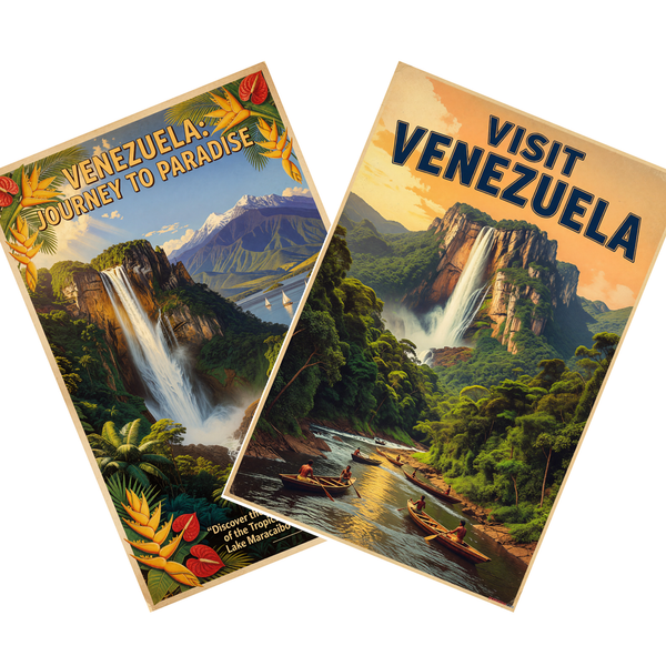 Venezuela Angel Falls Vintage Travel 2 Poster Set — 2 Prints 12x18 Inch US Made
