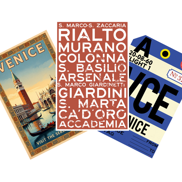 Venice Italy Vintage Travel 3 Poster Set — VCE Airport Tag, St Marks Campanile, Canal Signs 3 Prints 12x18 Inch US Made