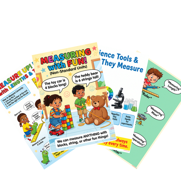Measuring Lengths, Science Tools, Non-Standard Units, Educational 4 Poster Set — 4 Prints 12x18 Inch US Made