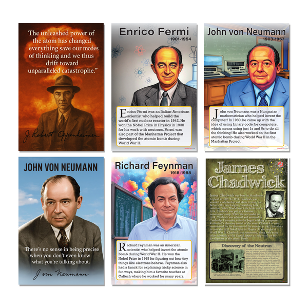 Manhattan Project Physics Scientists 6 Poster Set — 6 Prints 12x18 Inch US Made