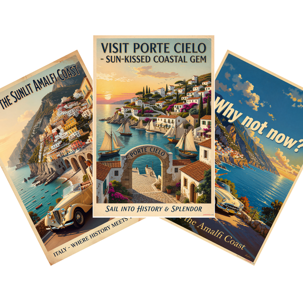 Amalfi Coast Vintage Travel 3 Poster Set — 3 Prints 12x18 Inch US Made