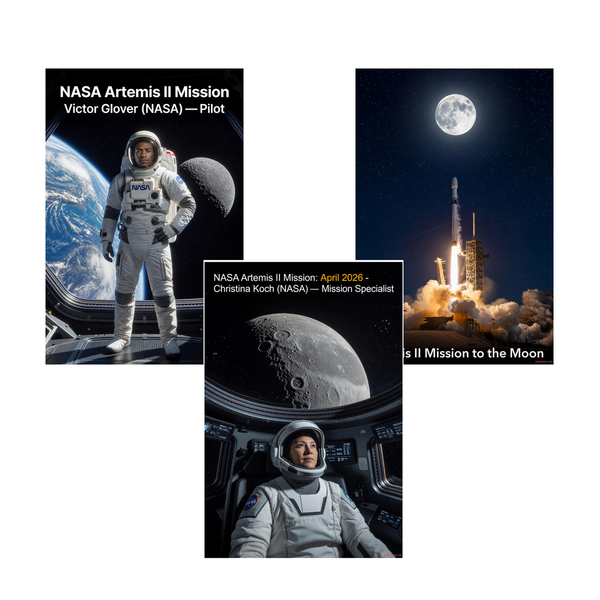NASA Artemis II Mission 3 Poster Set — Victor Glover, Rocket Launch, Christina Koch 3 Prints 12x18 Inch US Made