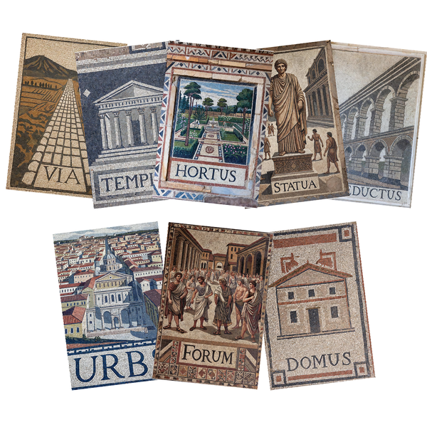 Roman Empire Mosaics 8 Poster Set - Via, Aqueduct, Urbs, Temple, Statue, Domus, Hortus, Forum — 8 Prints 12x18 Inch US Made