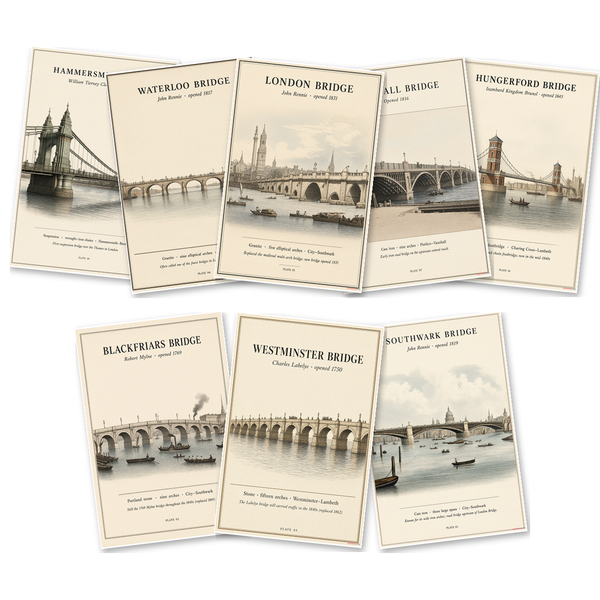 London Bridges 8 Poster Set Hammersmith, Hungerford, Blackfriars, Waterloo, Vauxhall, Southwark, London, Westminster — 8 Prints 12x18 Inch US Made