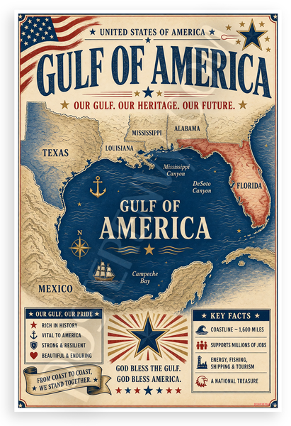 Gulf of America Patriotic Map Vintage Style 12"x18" US Made Poster