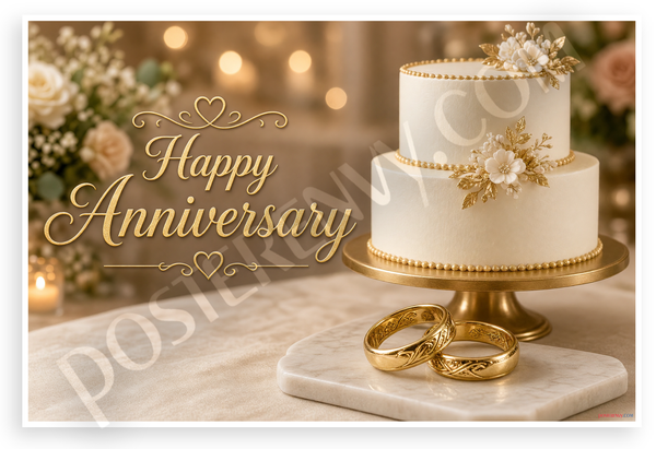 Happy Anniversary Gold Wedding Cake Rings Romantic 12"x18" US Made Poster